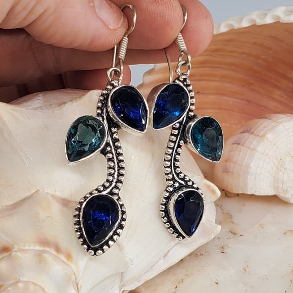 Handmade Artisan Jewelry - Silver Earrings Blue Quartz Stone